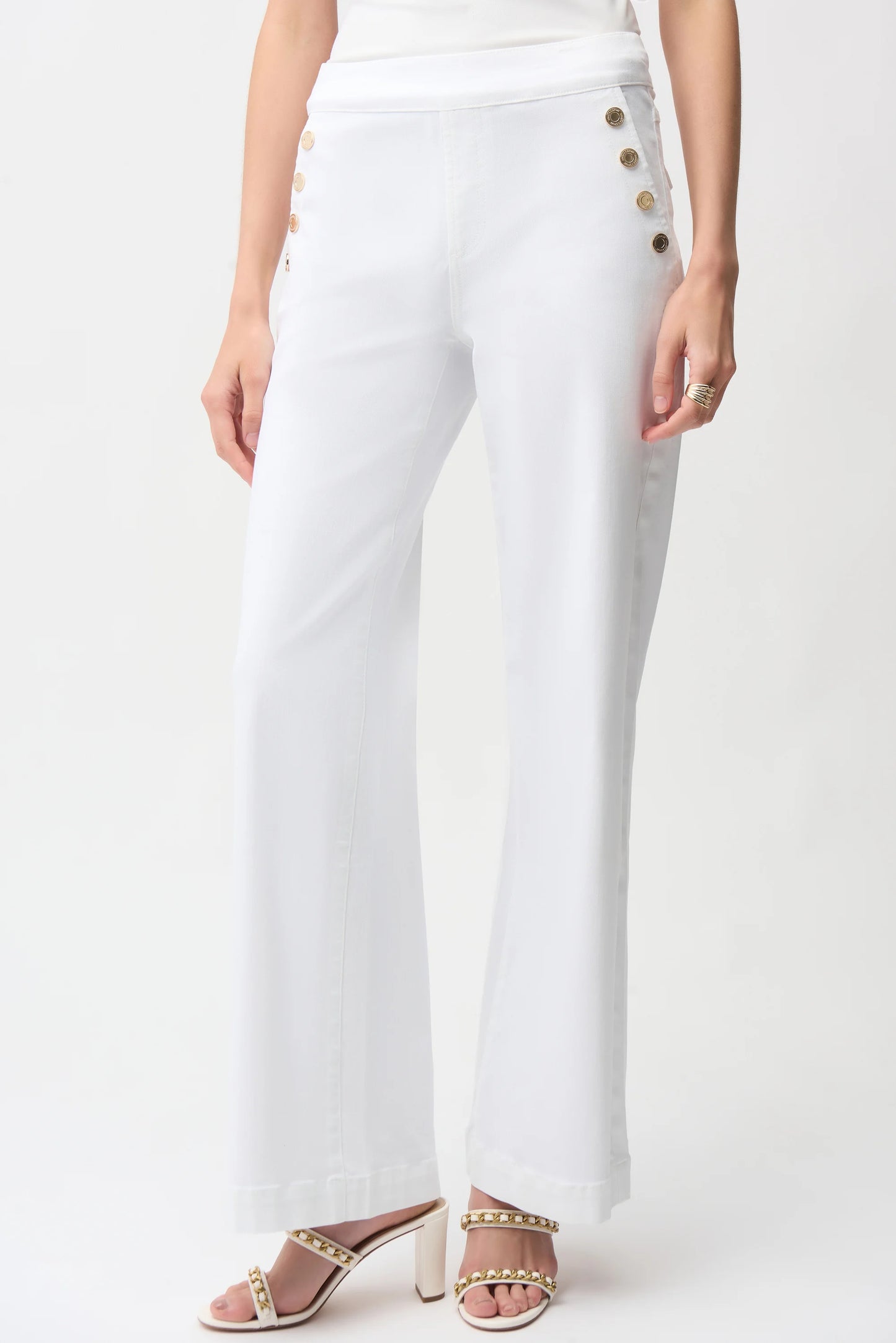 SALE Joseph Ribkoff White Wide Leg Pull-On Jeans with Gold Button Details - Sizes: 14