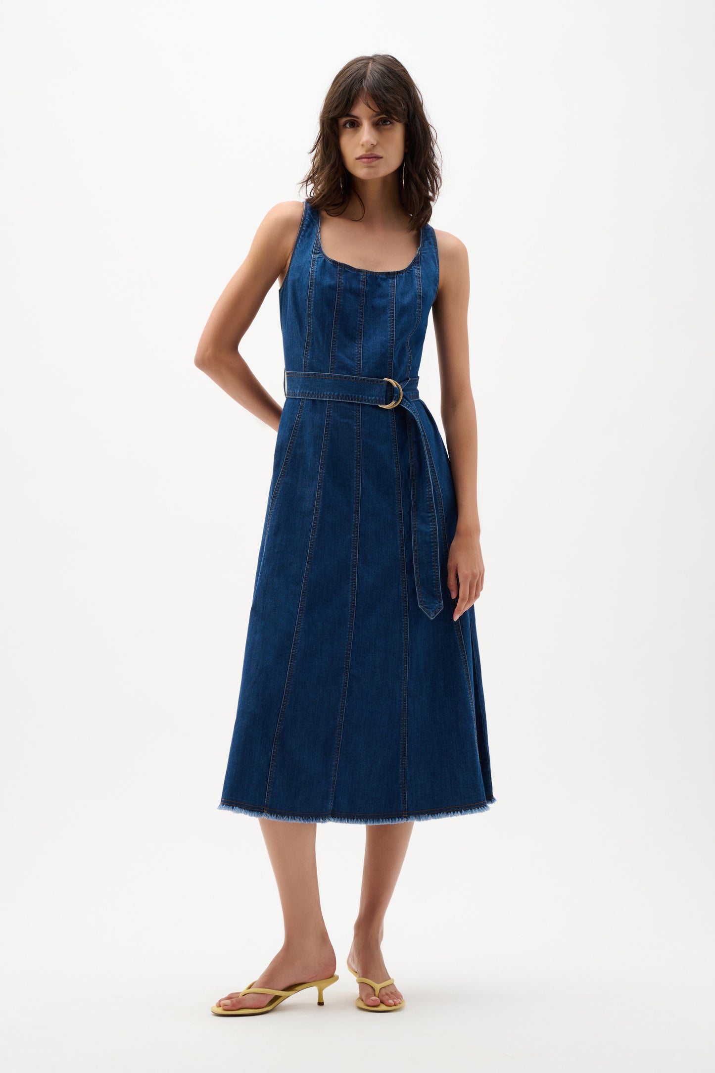Joseph Ribkoff Denim Fit And Flare Midi Dress With Belt - Sizes: XS