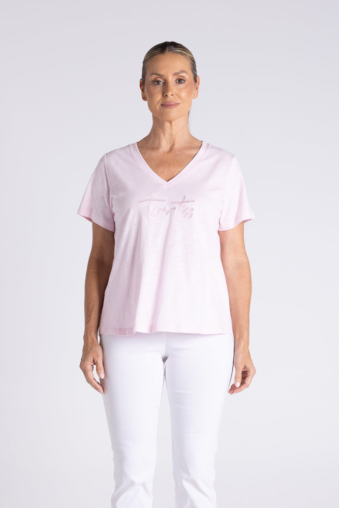 Two -T's V Neck T-Shirt with Embroidered Logo - Soft Pink - Sizes: 8 12 14 16