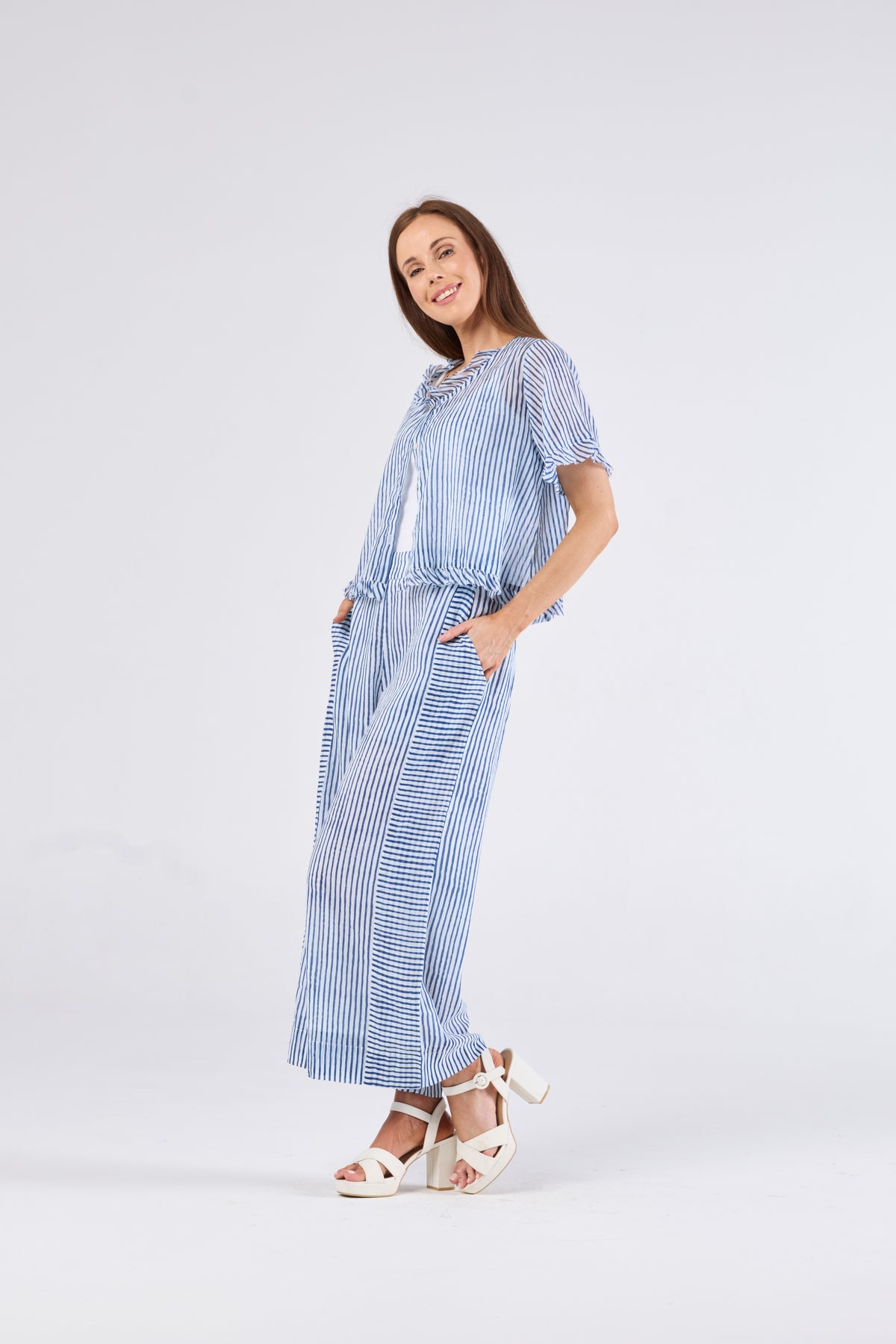 Au Hasard D'un Voyage White and Blue Stripe Pants - Sizes: XS M