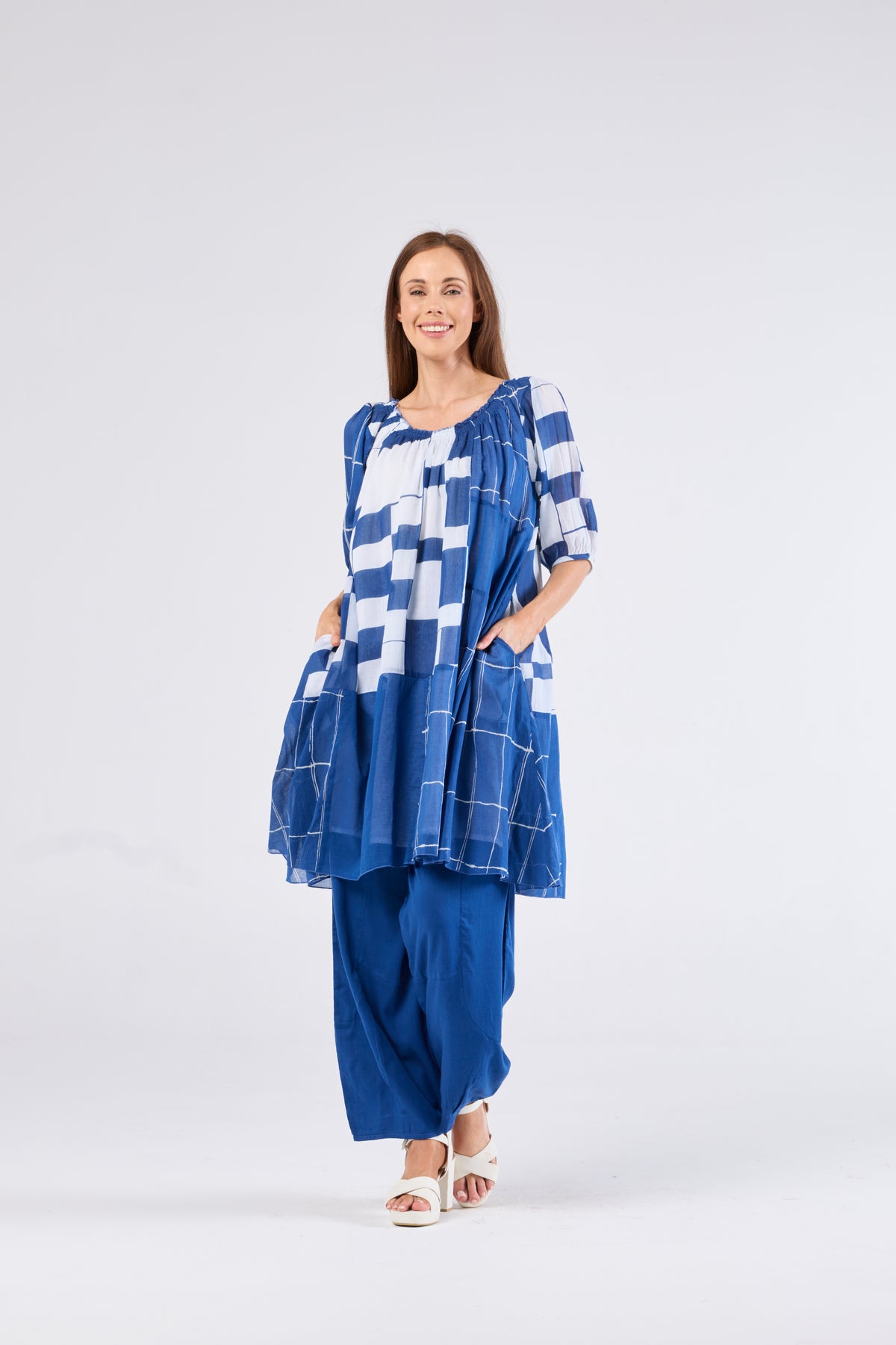 Au Hasard D'un Voyage Shirred Neck Blue Check Tunic/Dress - Sizes: XS L