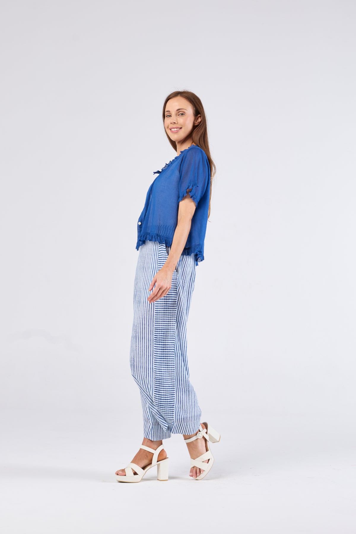 Au Hasard Cobalt Blue Cardi with Frill Detail - Sizes: XS M XL