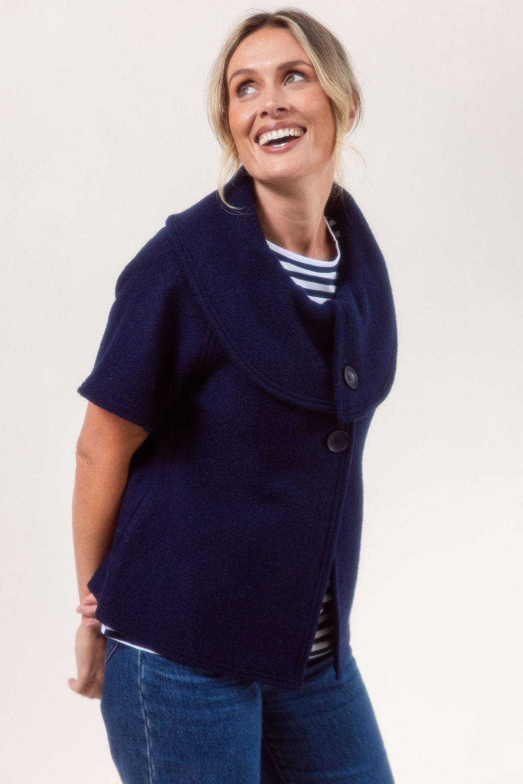 See Saw Wool Collared Crop Coat - Navy - S L XL