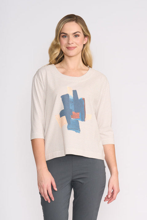 SALE Foil Ivory + Taupe Stripe Modern Art Print "Gallery Tee" Top - Sizes: XXL