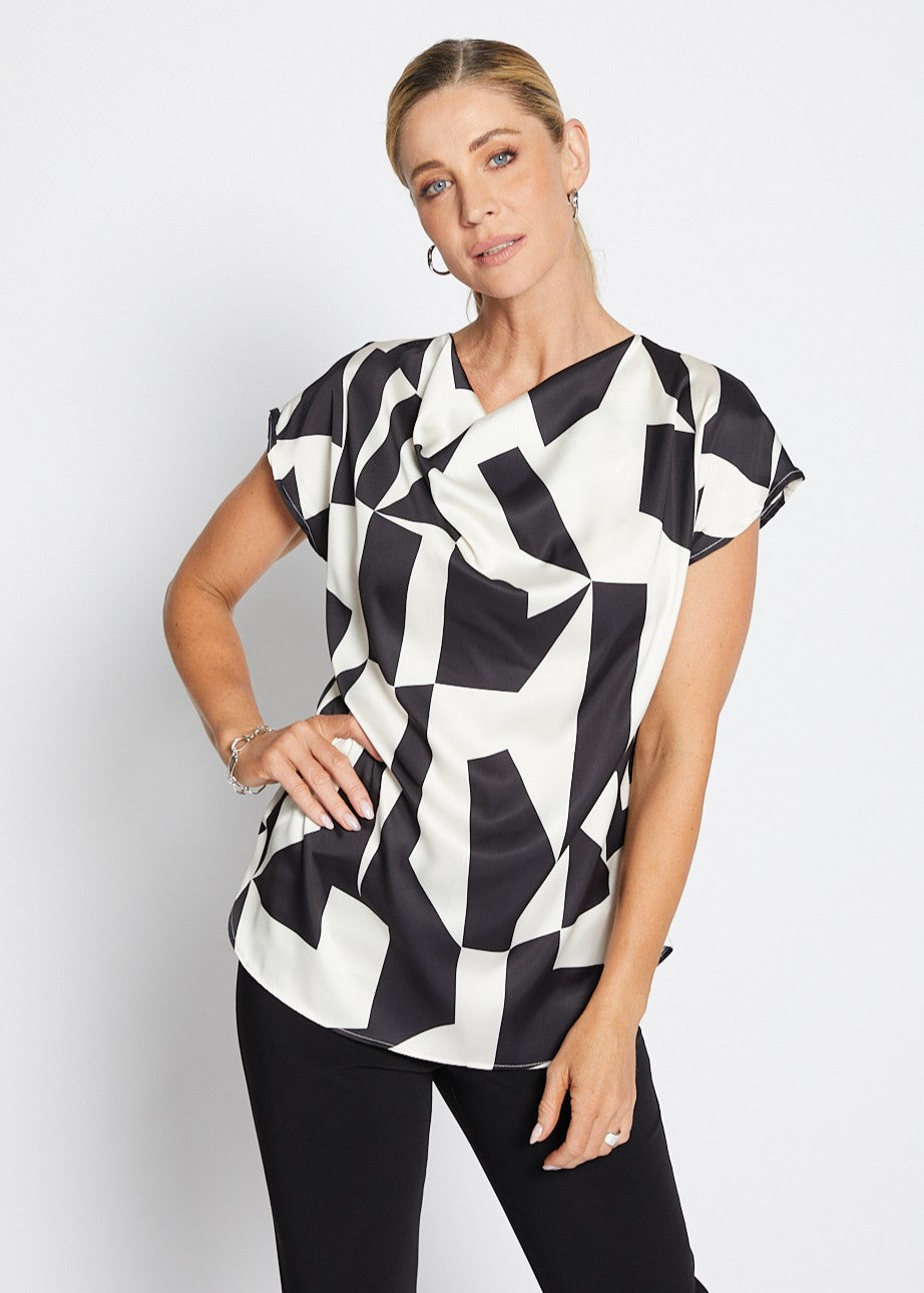 Philosophy "Bailey" Satin Cowl Neck Top - Glass Print - Sizes: 8 10 16