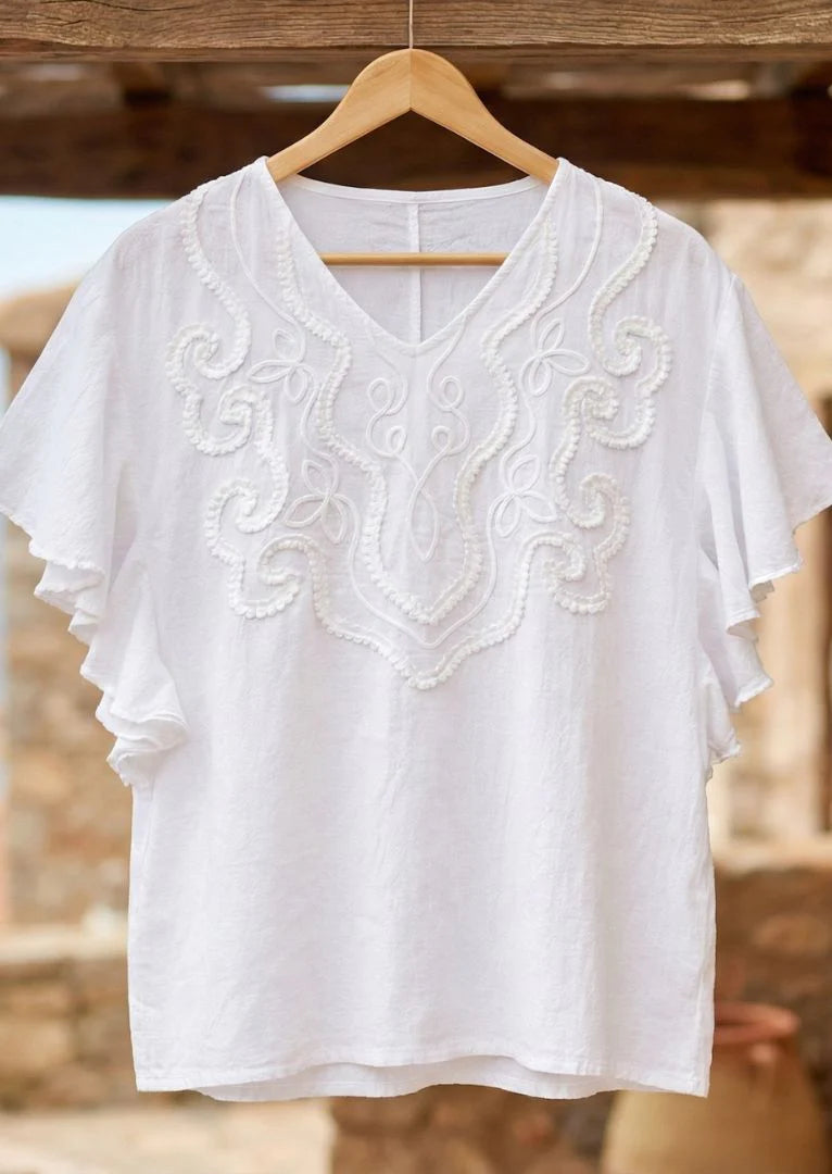 Gretty Zueger "Cataleya Ruffled Sleeve Cotton Top" - White - Sizes: S M L