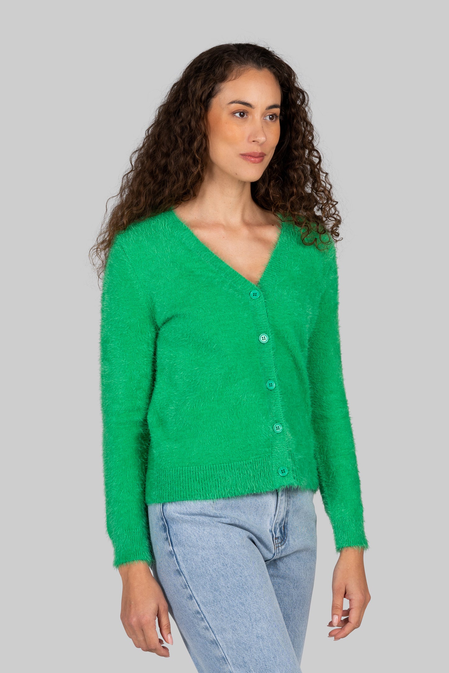 Kaleido V Neck Fluffy Cardigan - Palm Green - Sizes: L