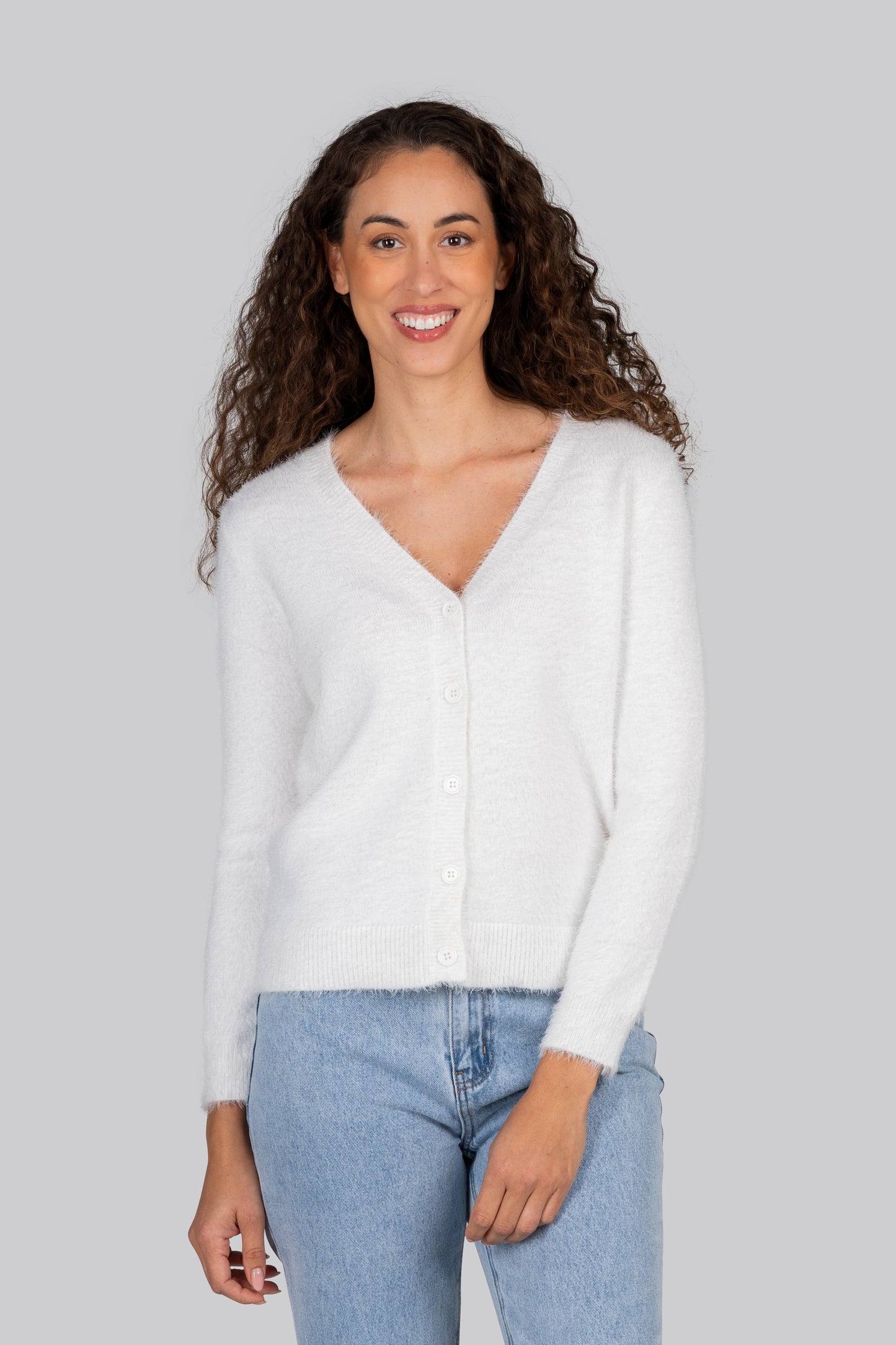 Kaleido V Neck Fluffy Cardi - White - Sizes: XL