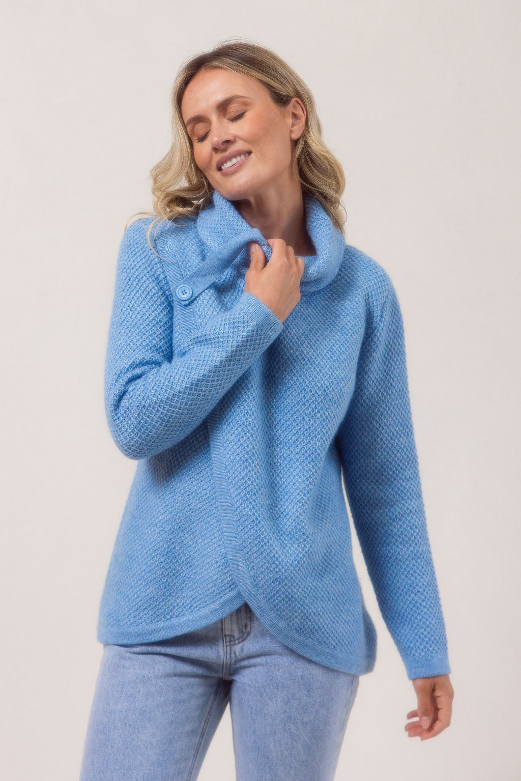 See Saw Moss Stitch Cowl Neck Sweater - Powder Blue - Size: XL