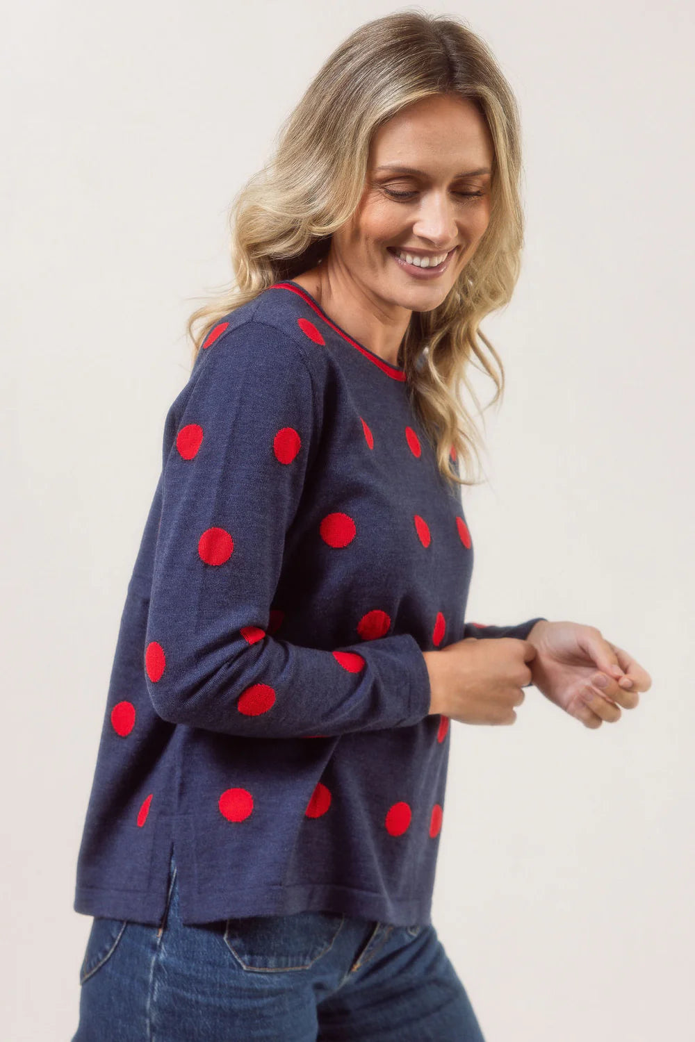 See Saw Merino Spot Sweater - Indigo With Red Spot - Sizes: S M L XL