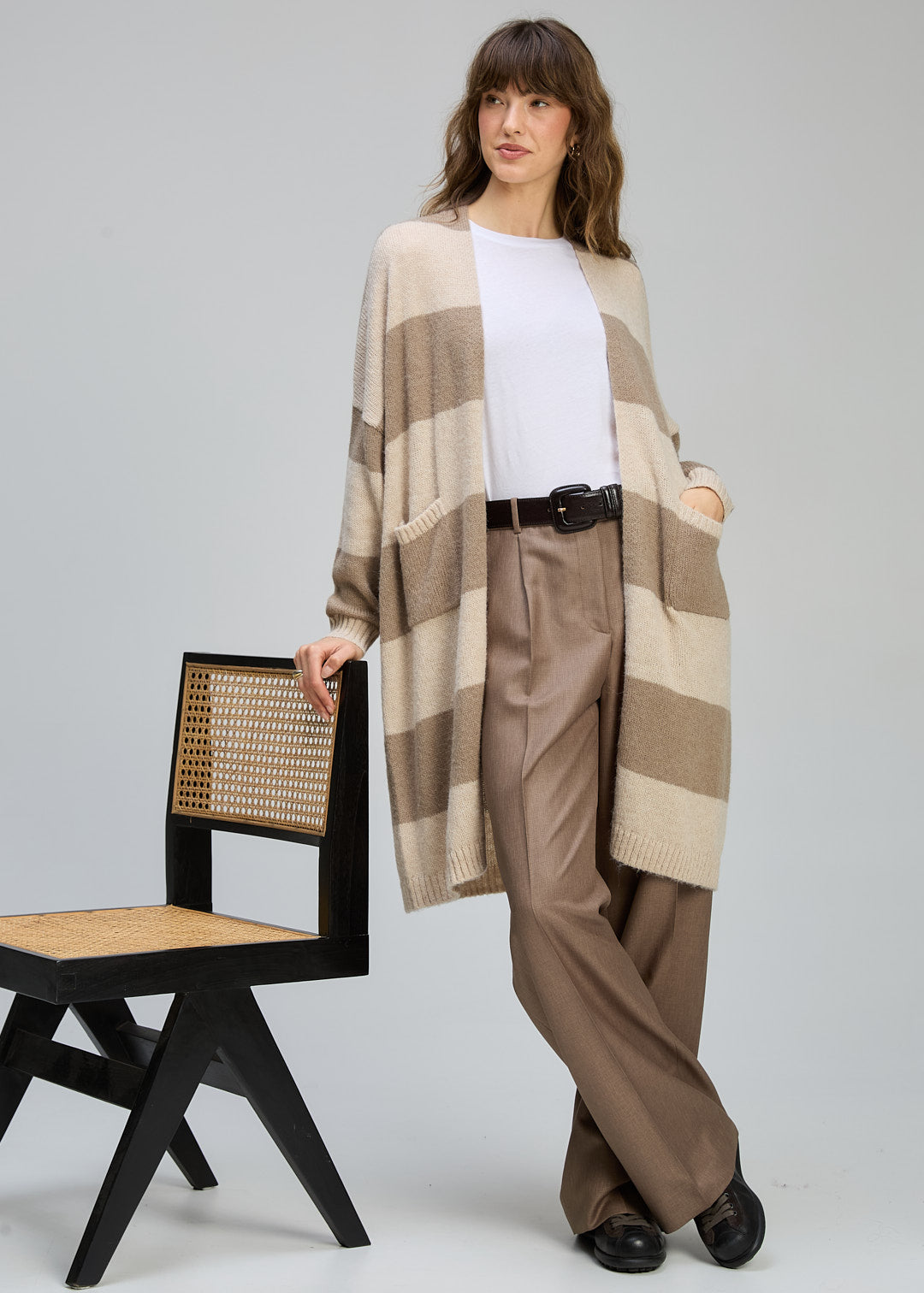 Zaket & Plover "Longline Open Cardi" - Mink/Cream Stripe - Sizes: XS/S M/L