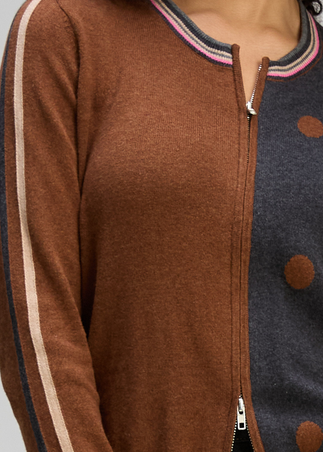 Zaket & Plover "Spot/Stripe Zip Cardi" - Coffee/Charcoal - Sizes: XS S M XL