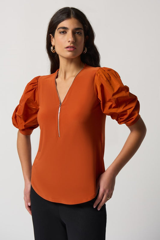 SALE  Joseph Ribkoff   Puffed Sleeve Zip Top - Tandoori  -  Sizes: 12