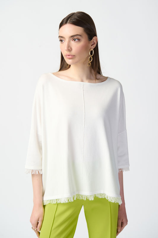 Joseph Ribkoff   White Square Knit Top Frayed Detail  -  Size:   M/L