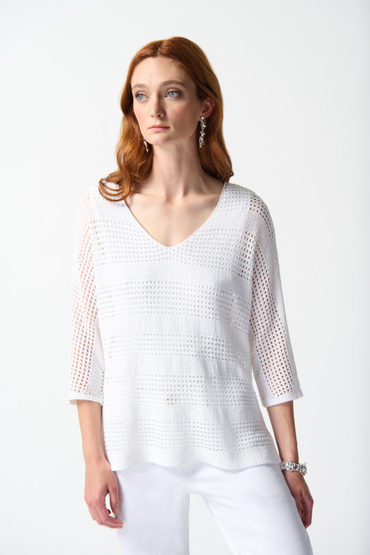 Joseph Ribkoff   White Loose Knit 3/4 Sleeve Top  - Sizes: S  L