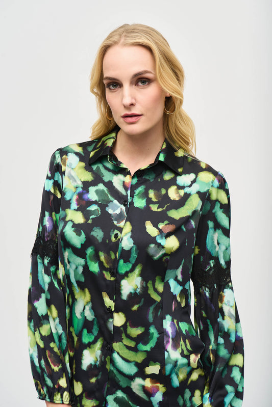 SALE   Joseph Ribkoff   Black & Green Silky Shirt With Lace Insert   - Sizes:  8  10  12