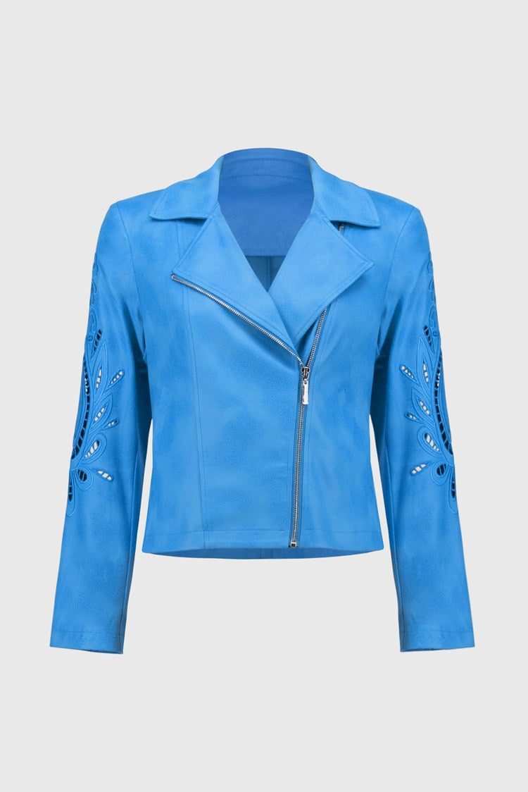 Joseph Ribkoff Faux-Suede Moto Jacket - Coastal Blue - Sizes: S M L