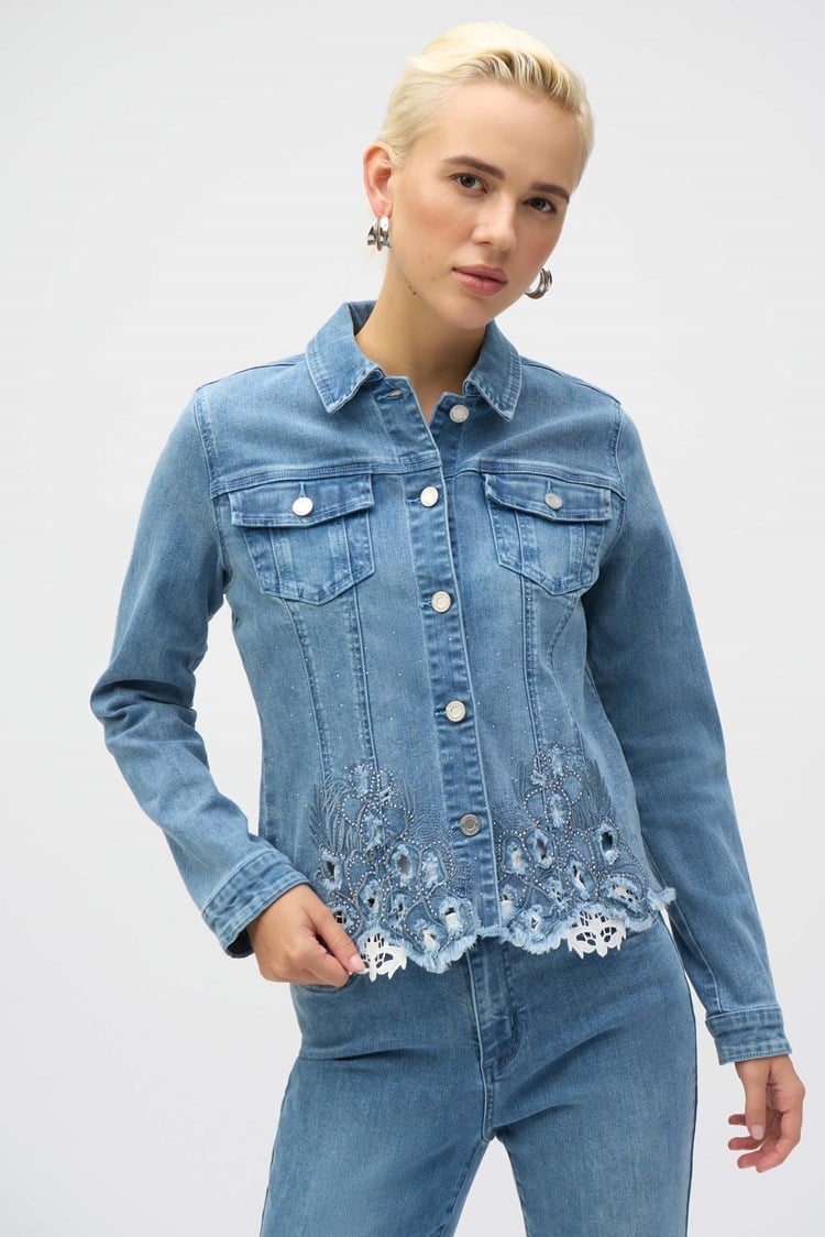 Joseph Ribkoff Stretch Denim Jacket with Embroidery & Crystals- Sizes: S M L XL