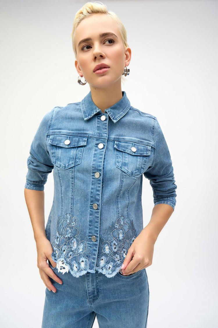 Joseph Ribkoff Stretch Denim Jacket with Embroidery & Crystals- Sizes: S M L XL