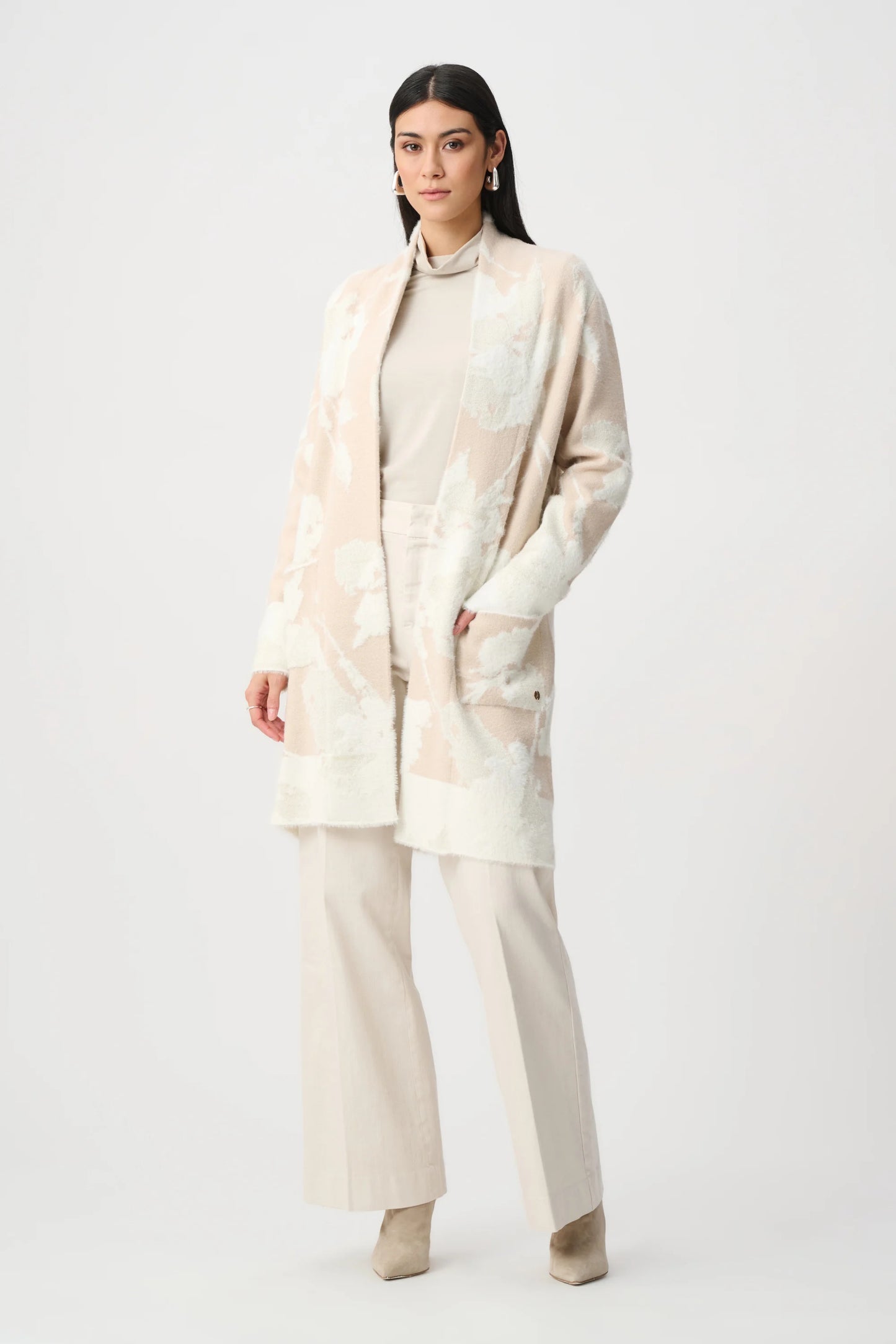 Joseph Ribkoff Abstract Jacquard Long Cardigan - Oatmeal/Winter White - Sizes: S M L