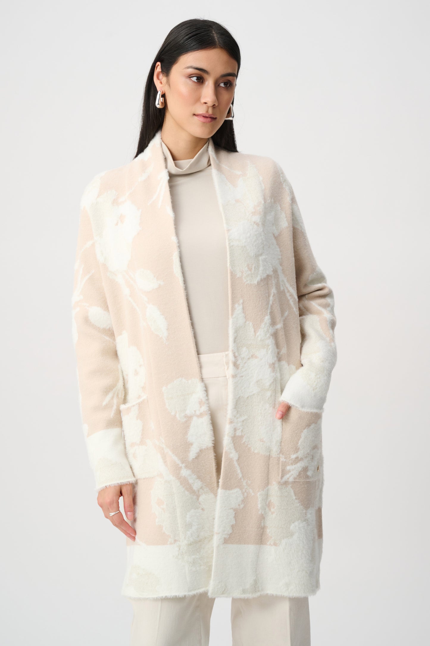 Joseph Ribkoff Abstract Jacquard Long Cardigan - Oatmeal/Winter White - Sizes: S M L