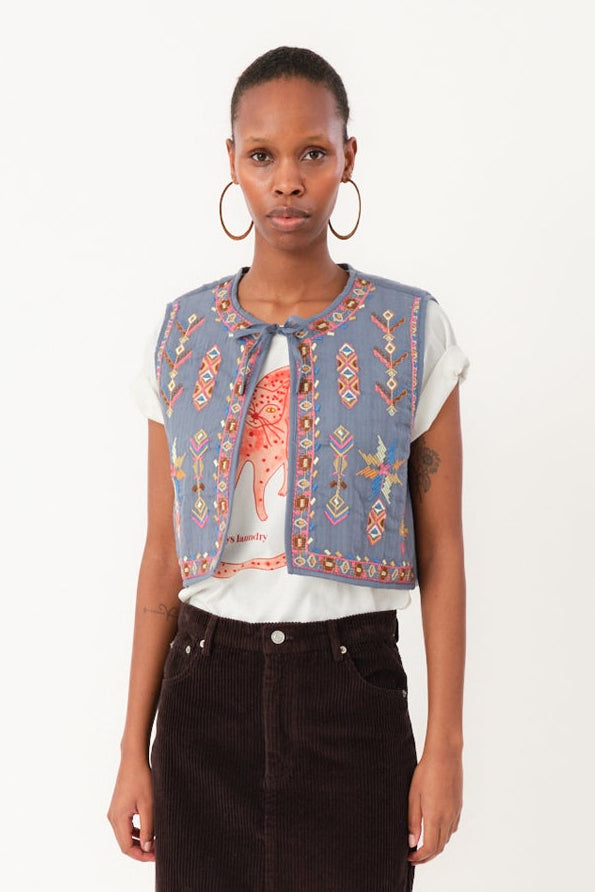 Lolly's Laundry IlsaLL Vest - Embroidered Dusty Blue -  Sizes: XS S M L