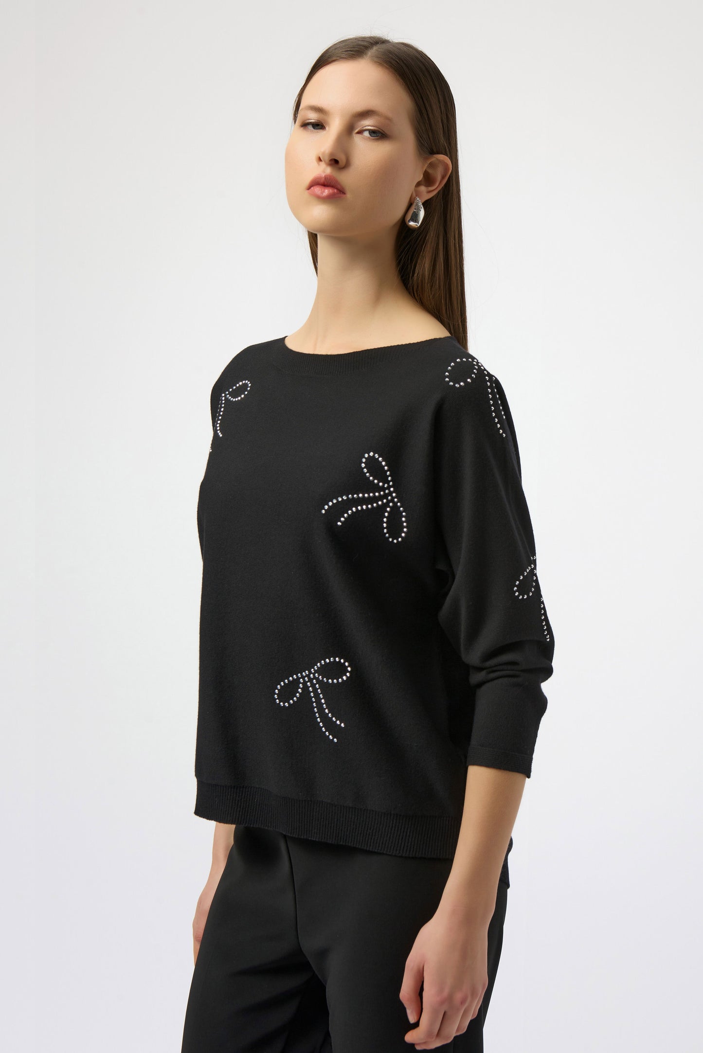 Joseph Ribkoff Black Sweater Knit Pullover with Iron-On Bow Detail - Sizes: S M L XL