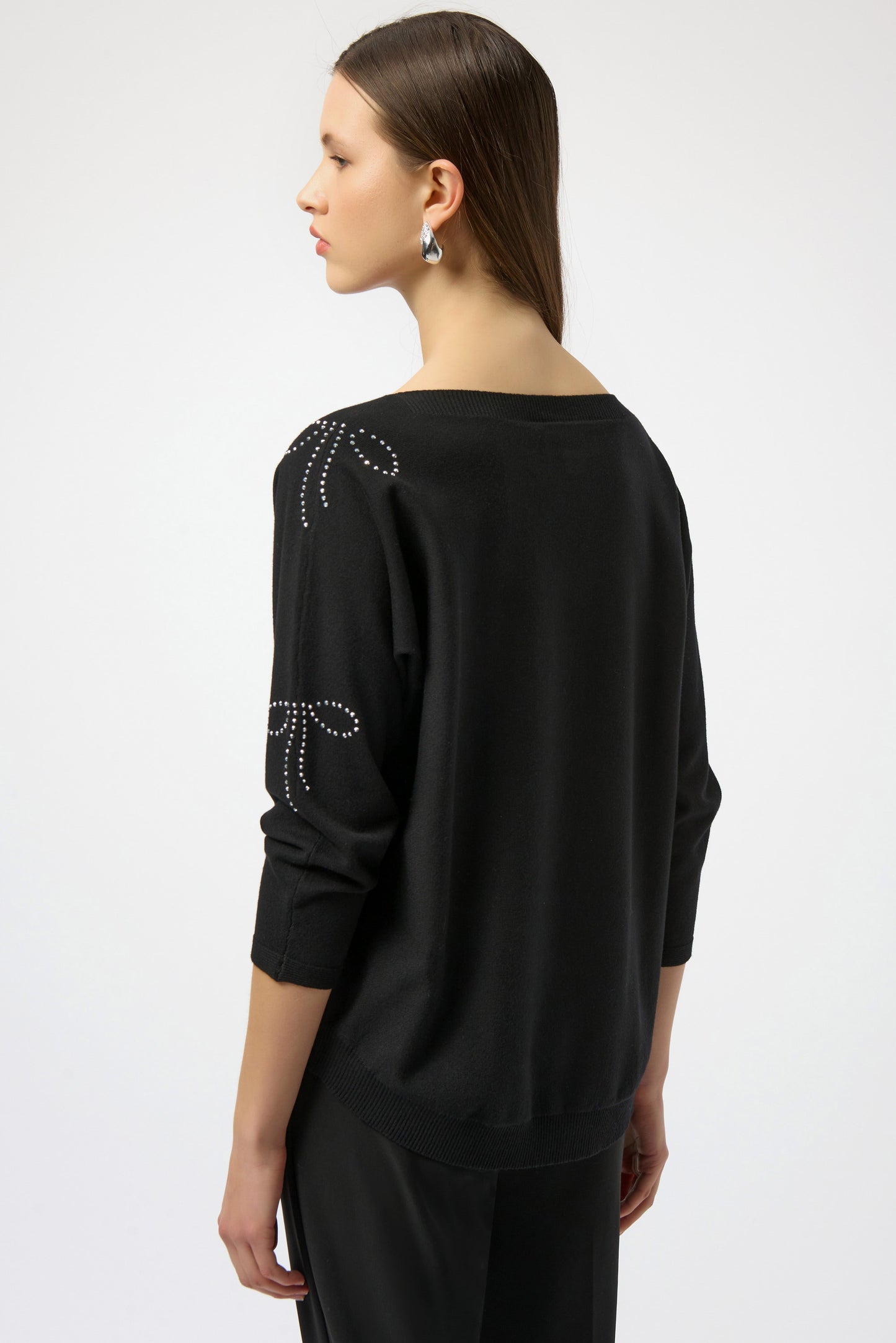 Joseph Ribkoff Black Sweater Knit Pullover with Iron-On Bow Detail - Sizes: S M L XL