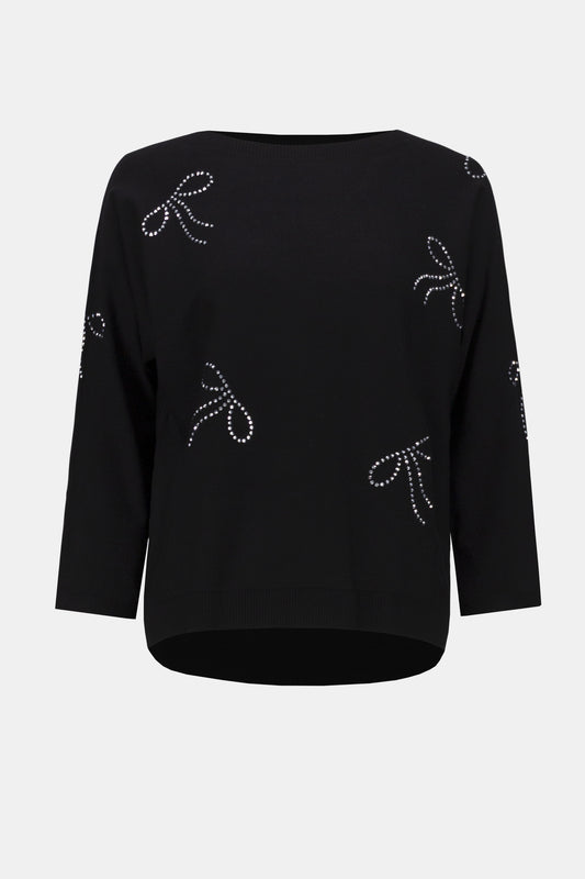 Joseph Ribkoff Black Sweater Knit Pullover with Iron-On Bow Detail - Sizes: S M L XL