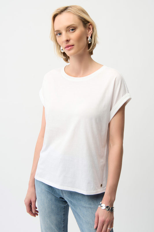 Joseph Ribkoff  White Cotton Boxy Crewneck T-Shirt - Sizes: XS