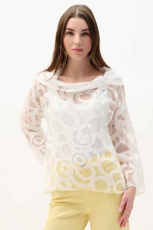 Joseph Ribkoff  White Burnout Woven Boxy Top With Cowl Neck - Sizes: 10