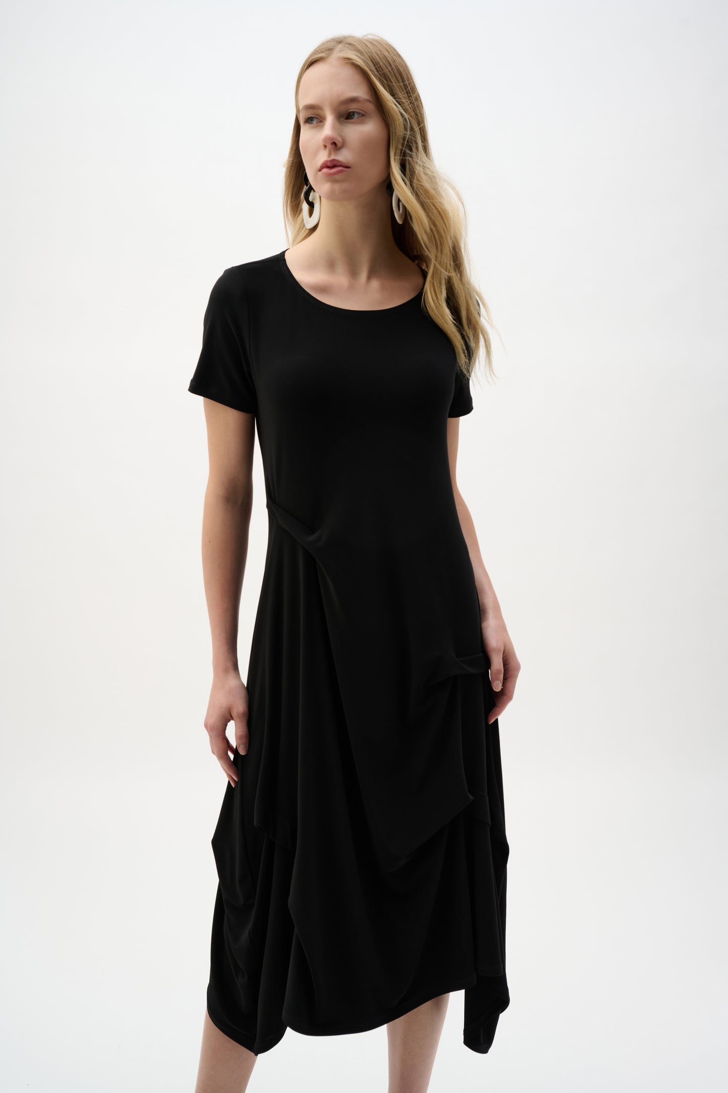 Joseph Ribkoff Black  Silky Knit Trapeze Dress With Boat Neck - Sizes: 10 12