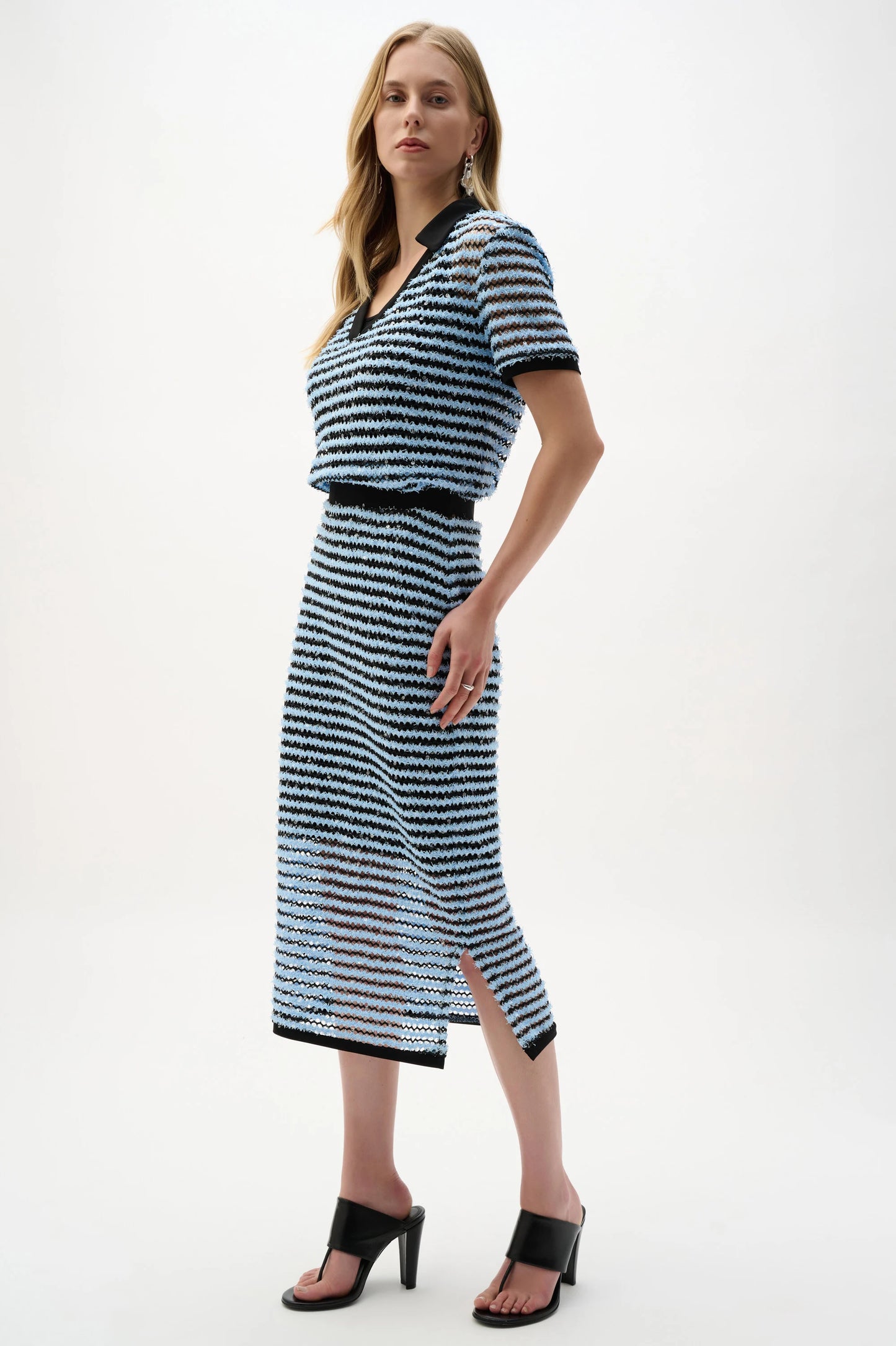 Joseph Ribkoff Stripe Pencil Skirt With Side Slit - Blue/Black - 8 10 12