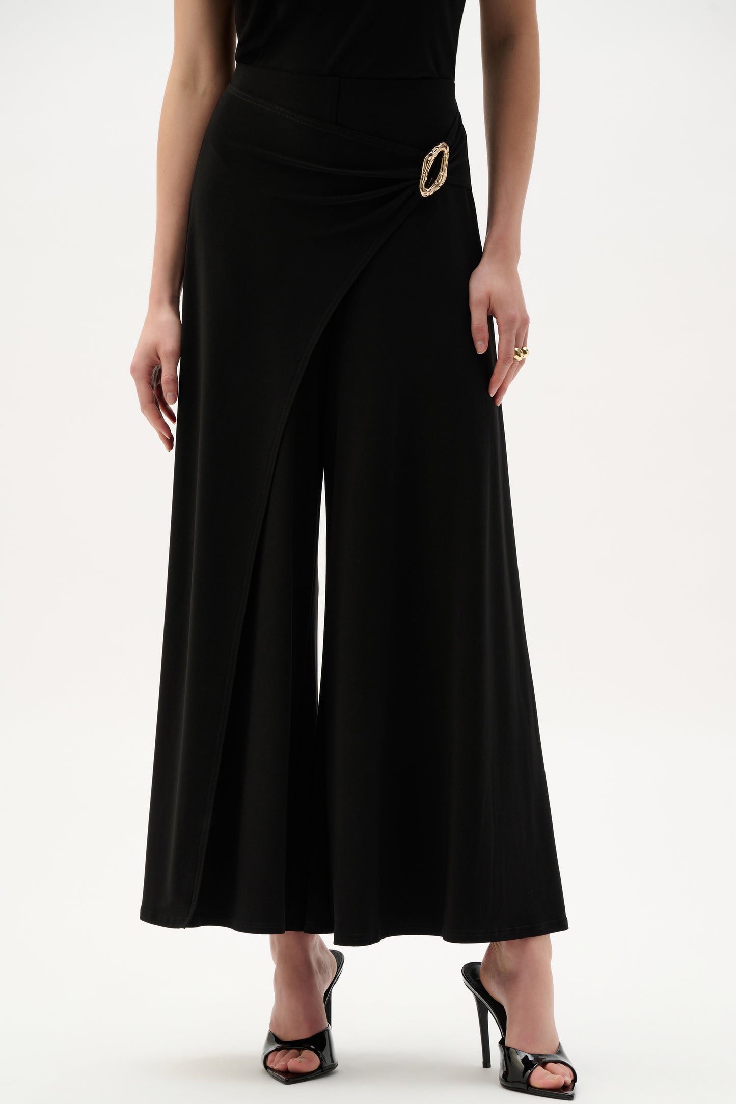 Joseph Ribkoff Black Silky Knit Culotte Pull-On Pants With Buckle Detail - Sizes:  12 16