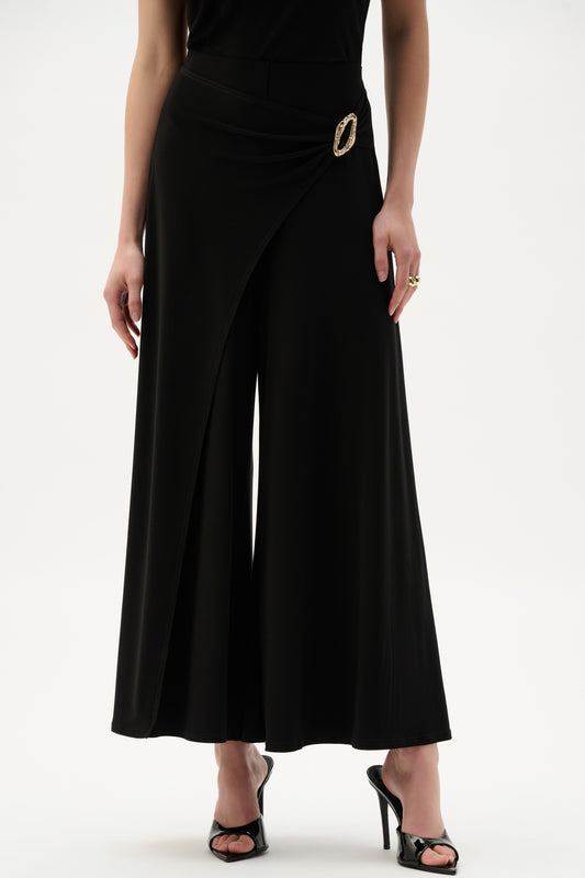 Joseph Ribkoff Black Silky Knit Culotte Pull-On Pants With Buckle Detail - Sizes:  12 16