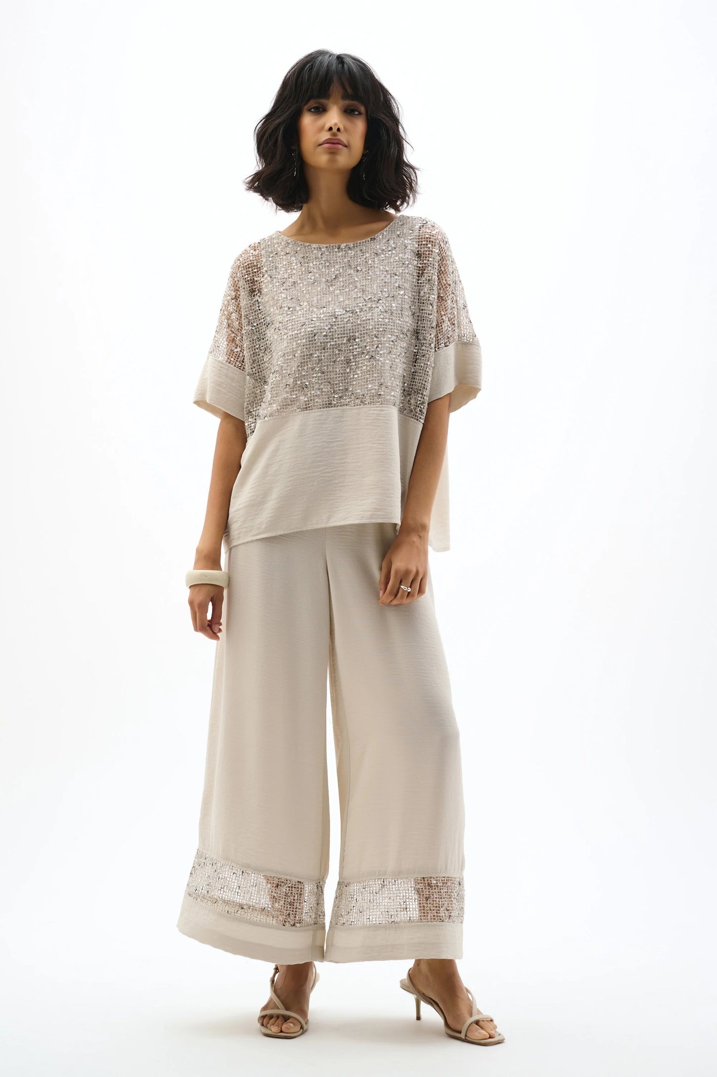 Joseph Ribkoff Sequined Mesh and Gauze Boxy Top - Sizes: 8