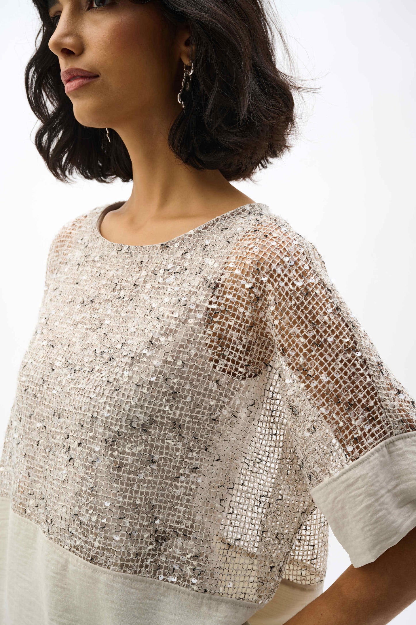 Joseph Ribkoff Sequined Mesh and Gauze Boxy Top - Sizes: 8