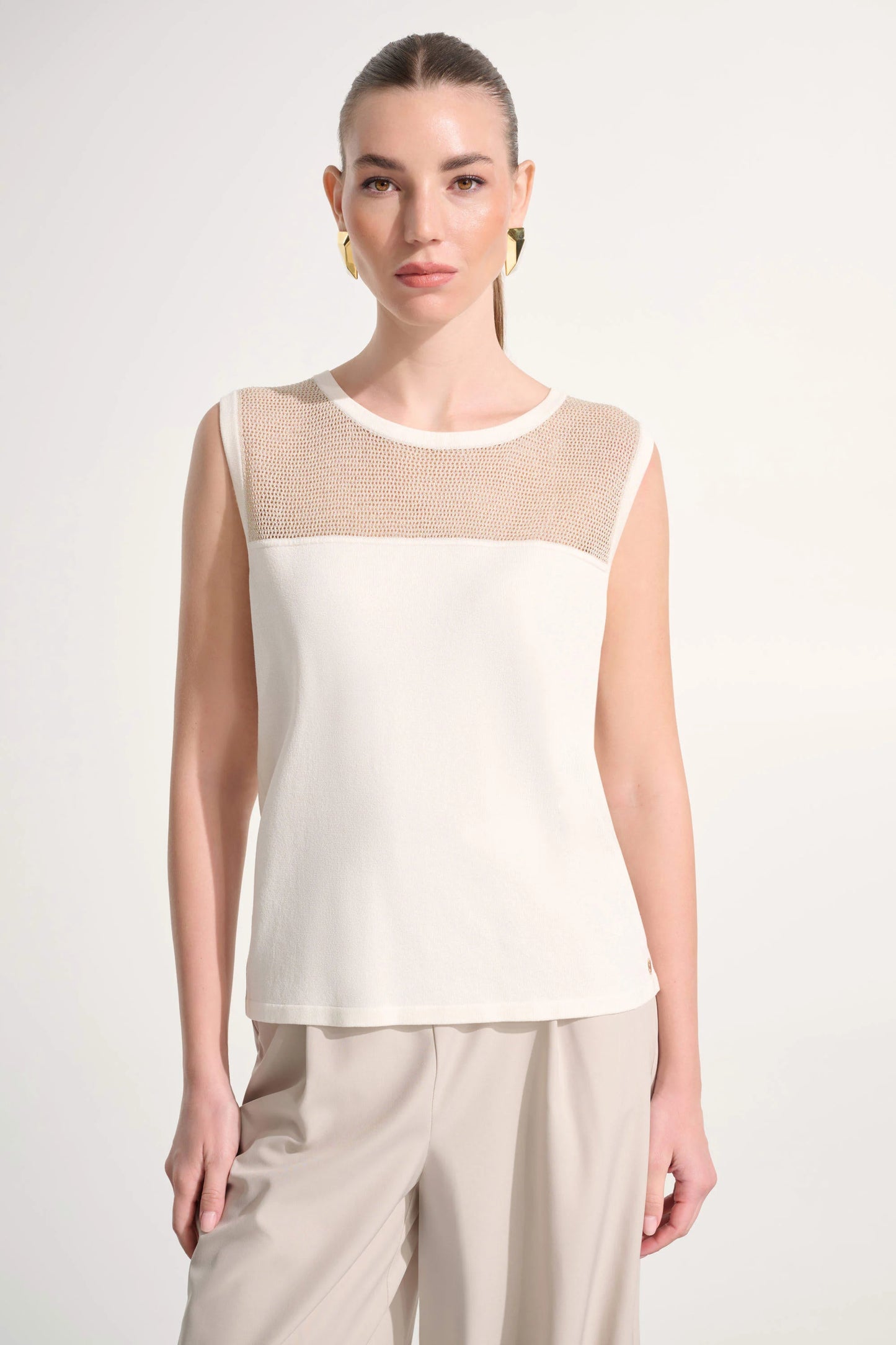 Joseph Ribkoff Sport Soft Knit Cami With Mesh Yoke - Vanilla/Gold - Sizes: XS S