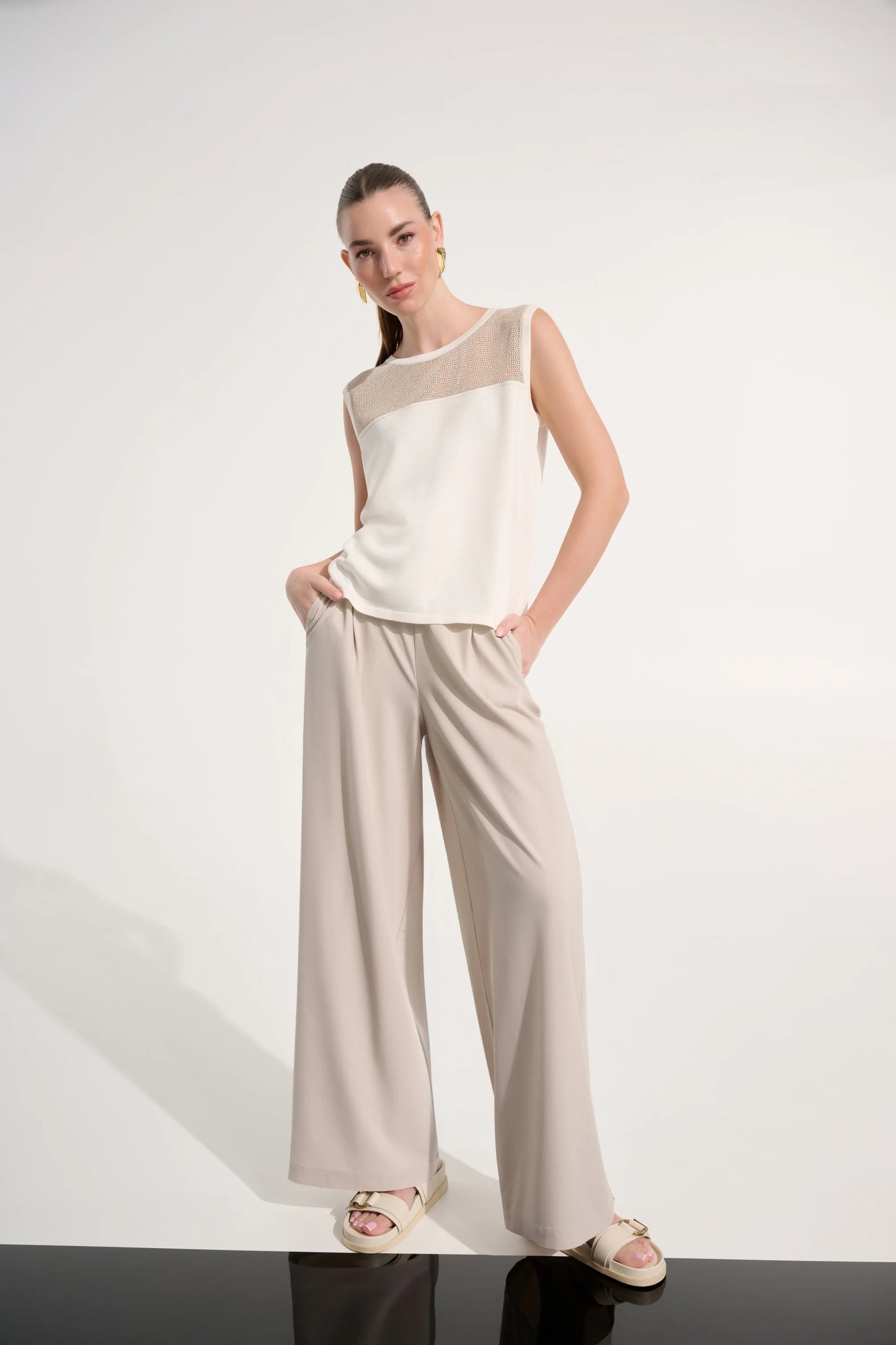 Joseph Ribkoff Sport Soft Knit Cami With Mesh Yoke - Vanilla/Gold - Sizes: XS S