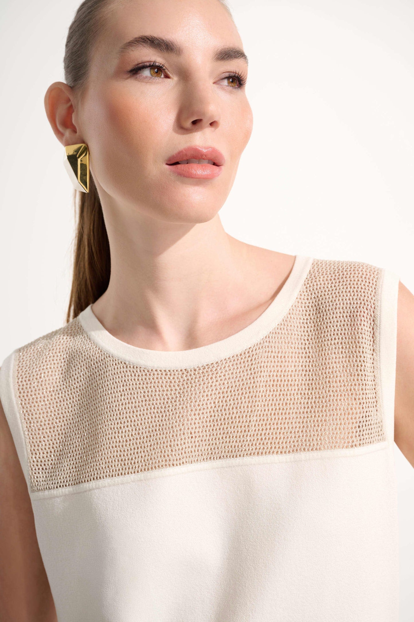 Joseph Ribkoff Sport Soft Knit Cami With Mesh Yoke - Vanilla/Gold - Sizes: XS S