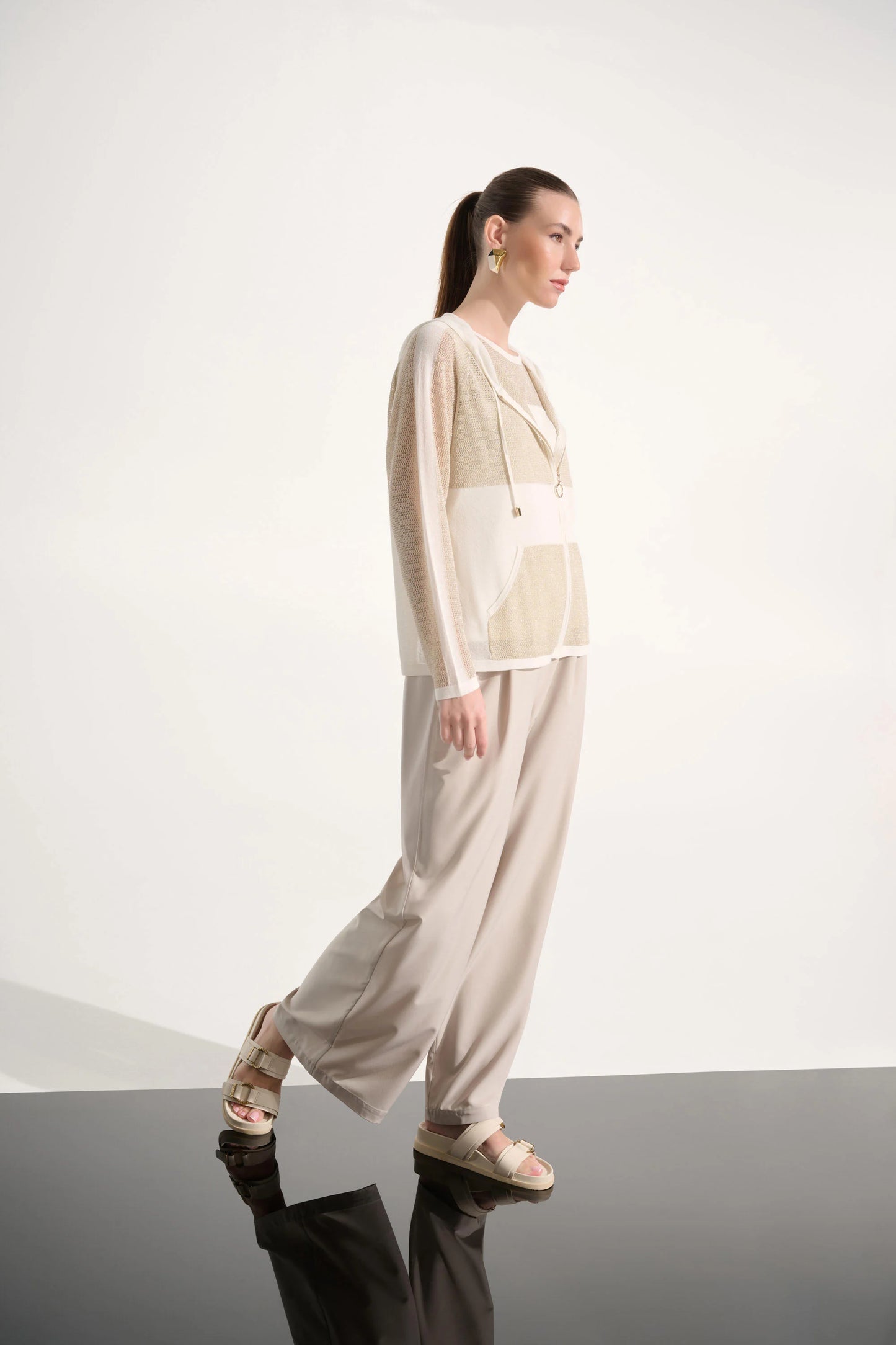 Joseph Ribkoff Sport Knit Hooded Zip Jacket - Vanilla/Gold - Sizes: XS