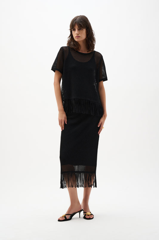 Joseph Ribkoff Knit Pull-On Skirt With Fringe Trim - Black - Sizes: S