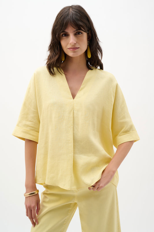 Joseph Ribkoff  Yellow Linen Straight Top With V-notch neckline - Sizes: XS