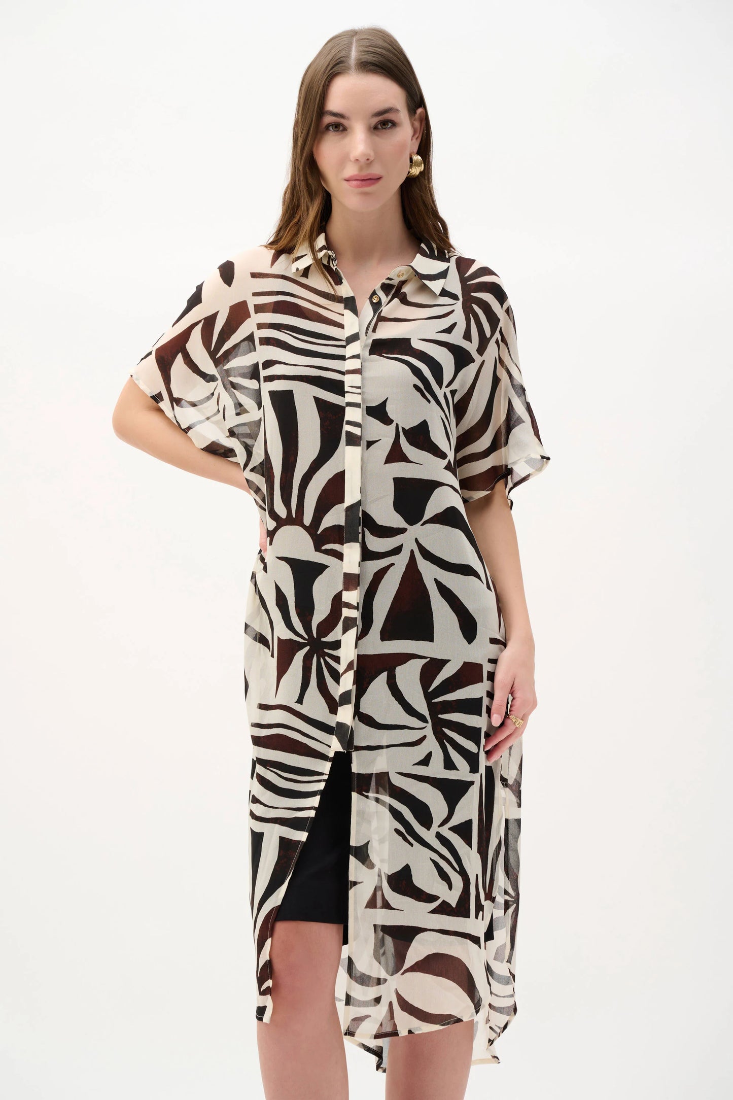 Joseph Ribkoff Chiffon Print Longline Shirt - Beige/Multi - Sizes:  XXL