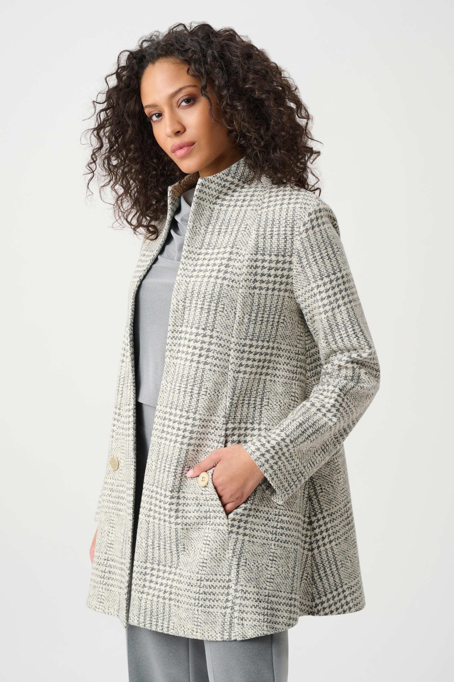 Joseph Ribkoff Jacquard Plaid A-Line Coat - Off White/Grey - Sizes: 8 10 12
