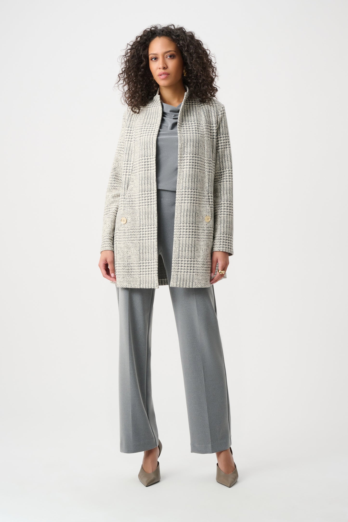 Joseph Ribkoff Jacquard Plaid A-Line Coat - Off White/Grey - Sizes: 8 10 12