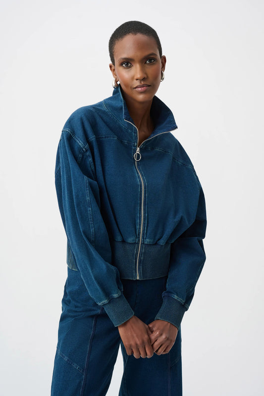 Joseph Ribkoff Knit Denim Funnel-Neck Bomber Jacket - Sizes: XS S M L