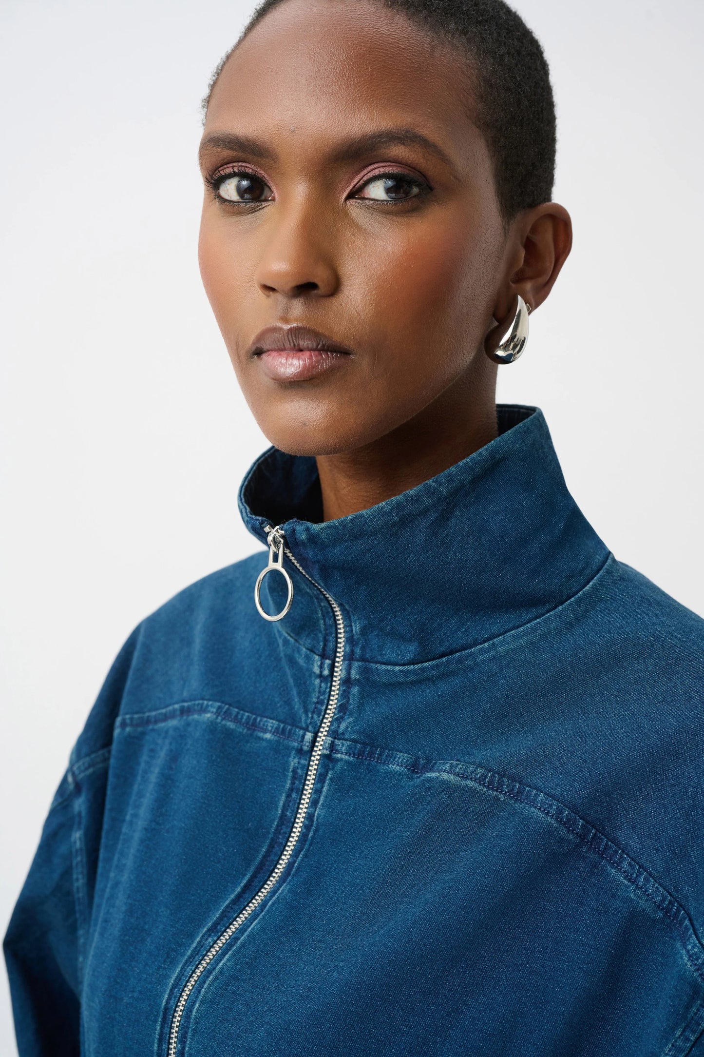 Joseph Ribkoff Knit Denim Funnel-Neck Bomber Jacket - Sizes: XS S  L