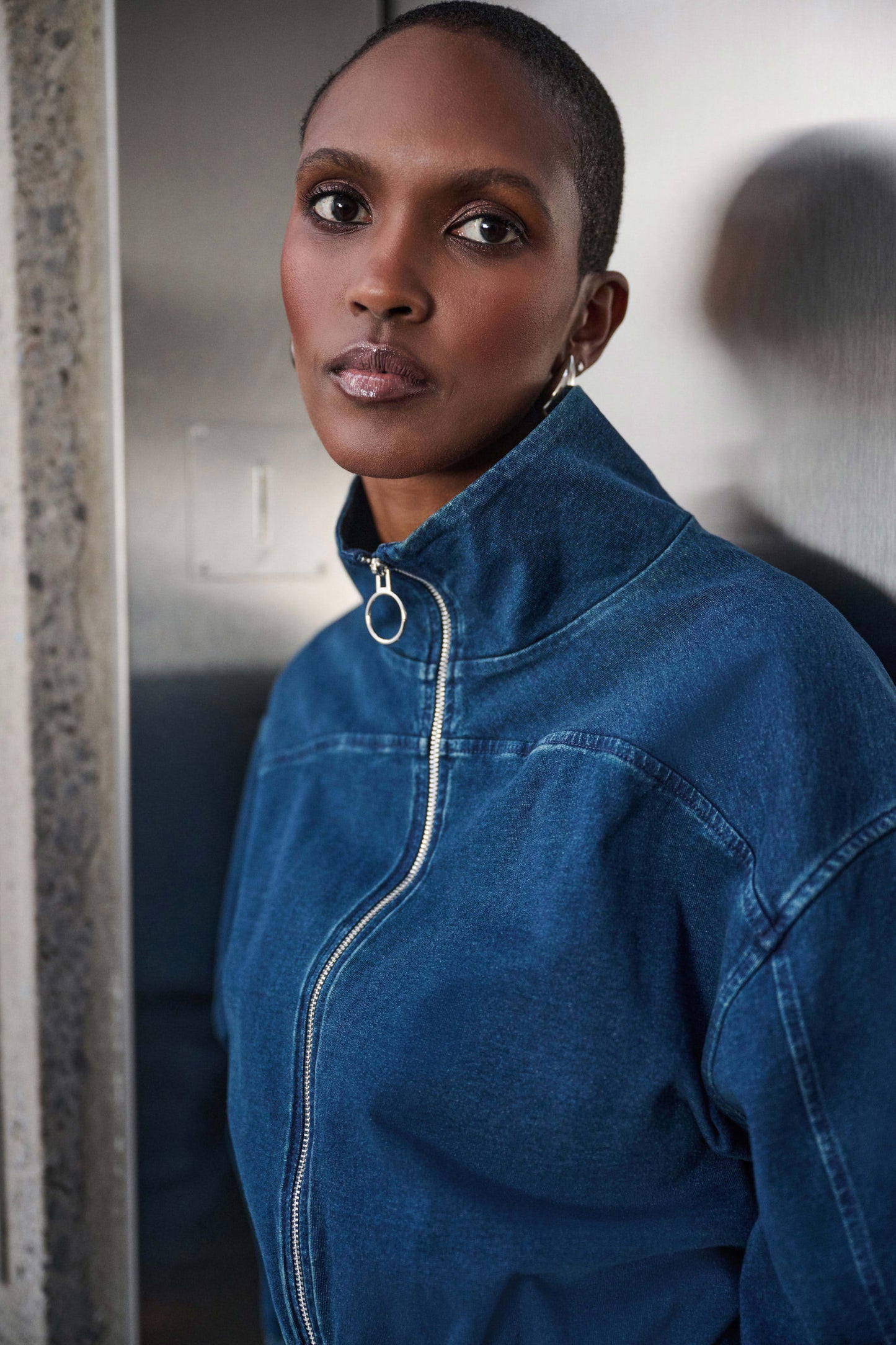 Joseph Ribkoff Knit Denim Funnel-Neck Bomber Jacket - Sizes: XS S  L