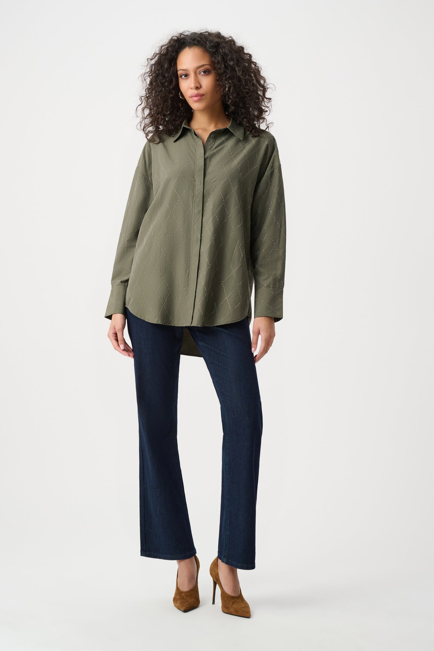 Joseph Ribkoff Blouse With All-Over Rhinestone Detail - Avocado - Sizes: XS S L